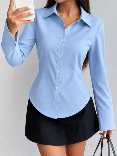 Image of Gufrina Womens Solid Formal Casual Button Down Shirt | Full Sleeve Tailored Fit | Collared Neck | Office Wear Western Shirt with Flared Cuffs and Curved Hem