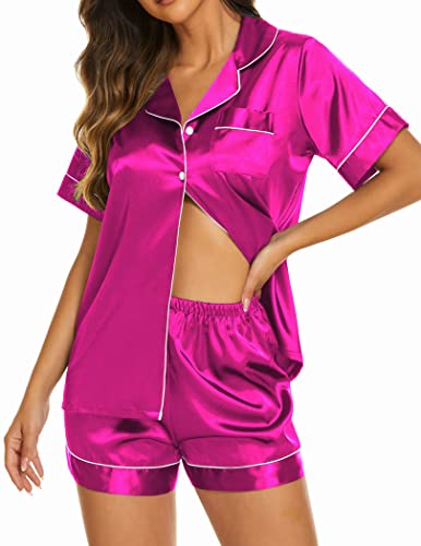 Ekouaer Pajama Set Womens Silky Satin Sleepwear Button Up Nightwear Two Piece Short Pjs Summer Set Rose,S