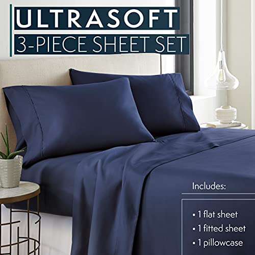 HC COLLECTION Twin Sheet Set w/ 1 Pillowcase, Hotel Luxury Platinum 1800 Series Brushed Microfiber Bed Sheets, Ultra Soft Lightweight Breathable Cooling 3 Pcs Bedding, All Season Easy Care, Navy - Thumbnail 2