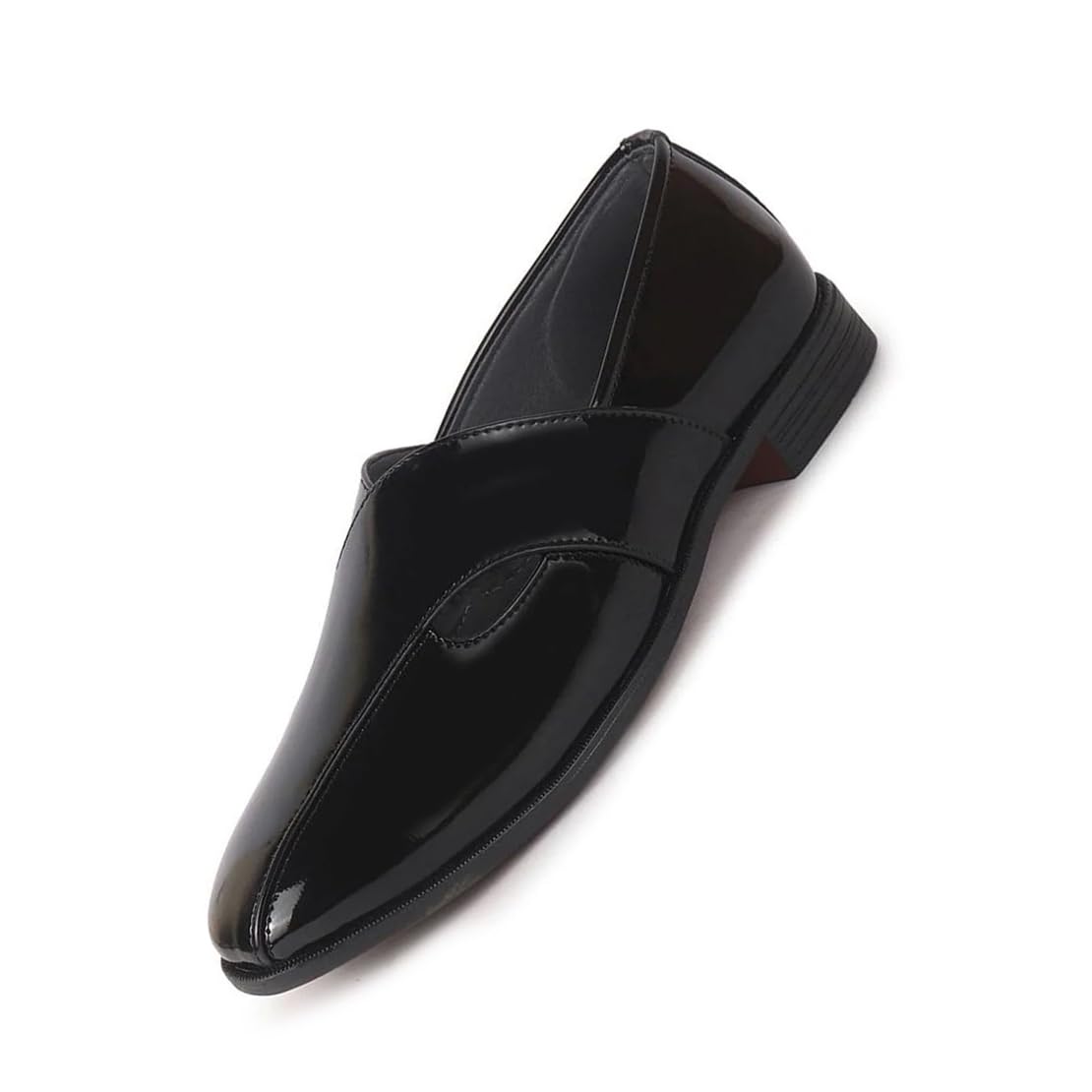 Men Criss Cross Strap Round Toe Perforated Ethnic Slip On Shoes | Patent Leather Loafer Shoe with Memory Cushioned Insole for Wedding-image-8
