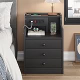 ADORNEVE Nightstand with Charging Station,Black Night Stand for Bedroom,End Table with Hutch & Stora