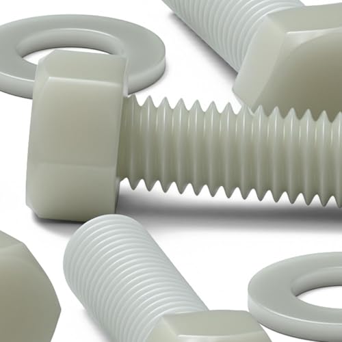 Image of 50x Natural PA66 50% Glass-Fibre Hex Head Plastic Bolts, Nuts & Washers, M5 x 20 mm, (13 /64 x 25 /32 in)