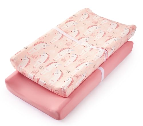Image of TILLYOU Changing Pad Cover Set in Soft Jersey Material - Fits 32"/34''x16 Contoured Pad for Babies, Unicorn & Meat Powder