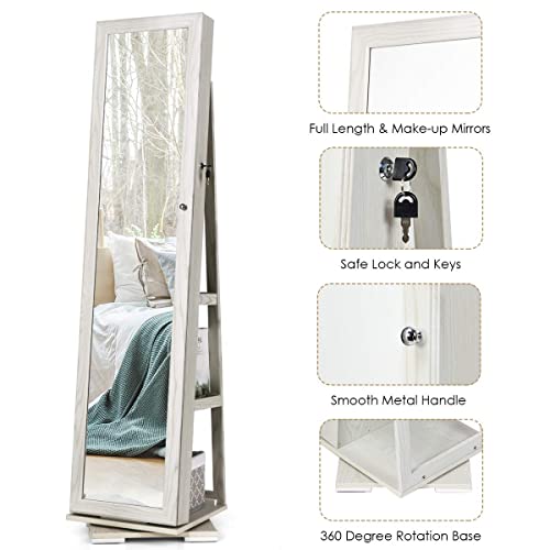 CHARMAID 360° Rotating Jewelry Armoire with Higher Full Length Mirror, Standing Lockable Jewelry Cabinet Organizer with Large Storage Capacity, Inside Makeup Mirror, Rear Storage Shelves (White)