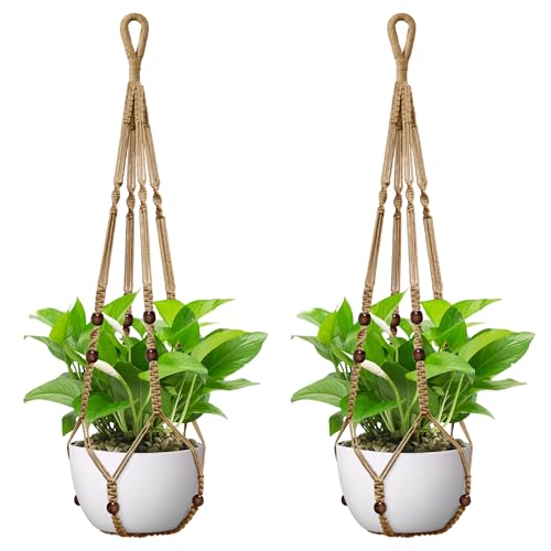 USLAI Macrame Plant Hanger, for Up to 15 Inch Pots, 35 Inch, Brown, 2 Pack