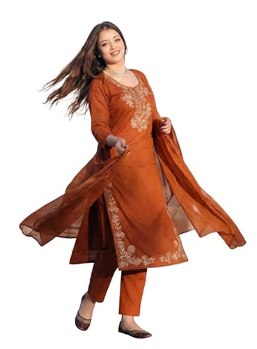 Image of ANNI Designer Women's Rayon Viscose Embroidered Straight Kurta with Pant & Dupatta | Ethnic Kurta Set for Festive, Casual & Office