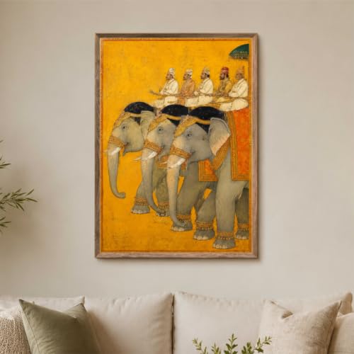 Image of Livin'luxe Royal Elephant Procession Wall Painting for Living Room Bedroom Hall Office Decor, Vintage Indian Artwork with Sparkle Laminate and Premium Wooden Synthetic Frame (19.5 x 25.5 Inch) NL01-4114