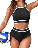 Tempt Me Women's High Waisted Bikini Sets Sporty Two Piece Swimsuit Color Block High Neck Bathing Suit Black S
