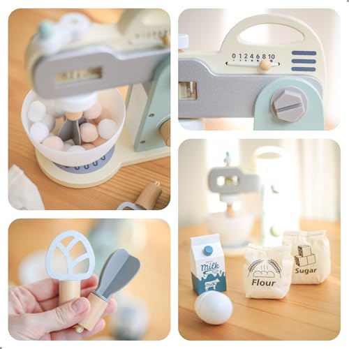 UMU® Mixer Kit de jeu en bois avec bol mélangeur, fouet, ingrédients et plus encore, ensemble de mixeur de cuisine pour enfants, 10 pièces, accessoires de cuisine pour petits chefs à partir de 3, 4, 5 – Image 5