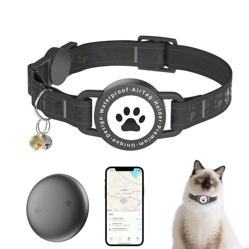 Image of (Black) GPS Tracker for Cats, Waterproof GPS Cat Trackers Cats Collar with Bells, No Subscription, GPS Cat Collar, Adapt with Apple Find My (iOS Only) Finder Tag for Vehicles, Pets, Kids