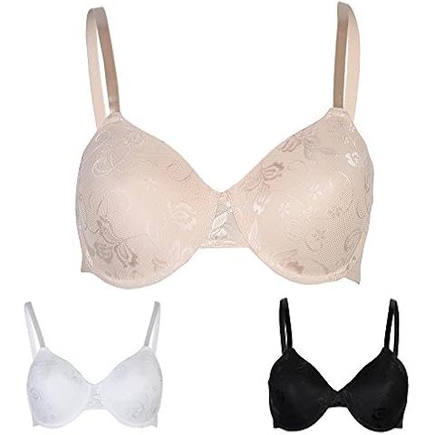 Passionelle® Womens Designer Seamless Lace Underwired Full Cup Bras - Pack of 3 [Size 34D, Colour Option C, Cream, Black & White] Cover