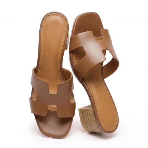 IDAWIVI Heeled Sandals for Women Low Block Chunky Heels Cutout Strap Square Open Toe Mule Sandals Summer Slip On Slides Dressy Shoes Brown Size 6
