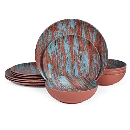 Yummost Melamine Dinnerware Sets, Melamine Dishes Sets, Wood Grain Plates And Bowls Set, 12Pcs, Service For 4, Bpa-Free Dishwasher Safe #TOP7