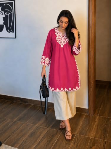 Image of ANNI Designer Co Ord Set for Women Cotton Embroidered | Straight Kurta Palazzo Set for Woman | Round Neck V Slit Full Sleeve Ethnic Dress Stylish Coord Outfit Womens Clothing