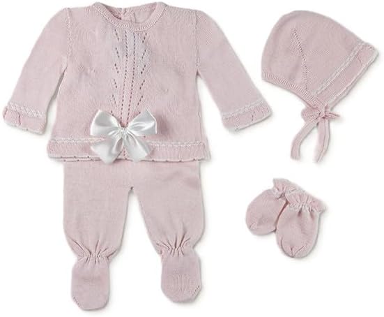 . Hello Baby take me home set. 4 pieces Knitted outfit with Bonnet and Mittens, 100% cotton, Baby pink with ivory accent