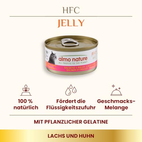 Almo Nature HFC Jelly - Nassfutter für ausgewachsene Katzen - Lachs & Huhn - Human Grade, Glutenfrei - 6 x 70g