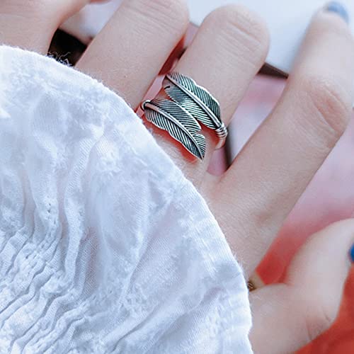 Women Adjustable Feather Rings Open Ethnic Vintage Engagement Rings Bridal Wedding Bands Couple Ring for Her (Silver, One Size)3