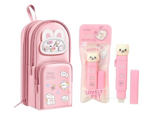 Image of Kawaii Cute Rabbit Pencil Pouch for Kids with Cute Cat Eraser Set | 6-Layer Multi-Pocket Pen Bag for Girls | School Stationery Kit Combo | Cute Bunny Design Pink Pouch