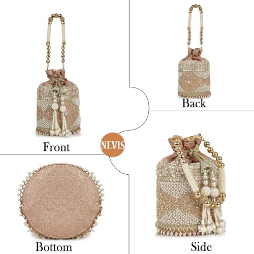 Image of Nevis Silk Fabric Luxury Pearl Embroidered Potli Bag for Women | Bridal Ethnic Drawstring Clutch with Beaded Handle Wedding | Potli Bag