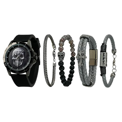 TIME100 Set de Regalo para Hombre, Reloj Hombre con Pulsera, Diseño de Calavera, Correa de Silicona, Elegante Regalo para Navidad y Cumpleaños（Negro）