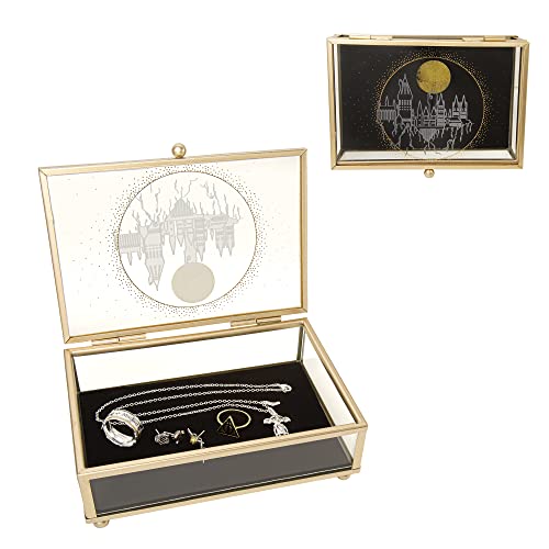 Harry Potter Wizarding World Merchandise Hogwarts Silhouette Gold Trim Glass Jewelry Box Jewelry Organizer, Officially Licensed #TOP24