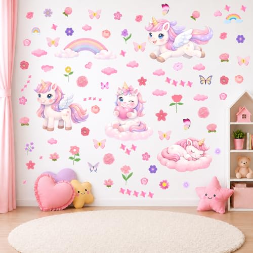 Unicorn Wall Decals Rainbow/Stars/Cloud and Flower Butterfly Stickers Wall Decor for Girls Toddlers 192 Piece UV PVC DIY Unicorn Wall Decals for Girls Bedroom Nursery
