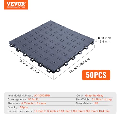 Image of VEVOR Garage Floor Tiles 12 x 12 x 0.53 inch, Interlocking Design Ease of Installation Double-Sided Texture Non-Slip Sturdiness, for Garages, Basements, Repair Shops, Graphite Gray, 50 Pack | Easy Installation Double-Sided Texture Non-Slip Sturdiness, Premium PP for Garage, Basement, Repair Shop, Graphite Gray