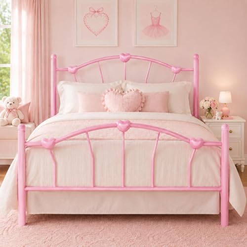 IMMERSTABLE Twin Bed Frame with Headboard and Footboard Heart-Shaped Metal Platform Bed Frame for Girls 12.5 in Under Bed Storage 600 lb Heavy Duty No Box Spring Needed Easy Assembly Pink