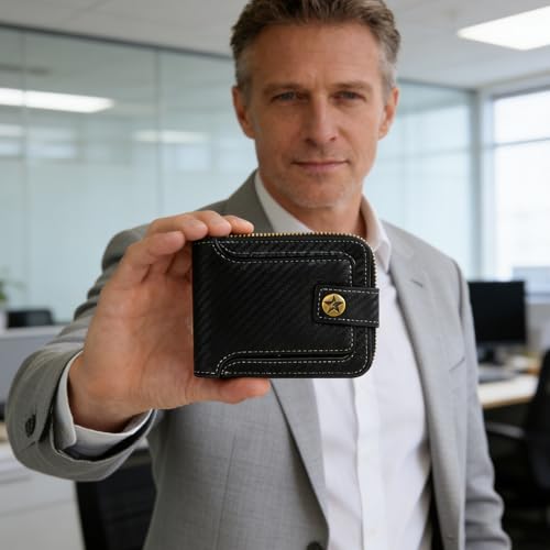 Image of Men Wallet, Vintage PU Leather Multi-Card Zipper Wallet with 8 Card Slots and Coin Pocket Large Capacity Buckle Credit Card Holder Wallet with Zipper (B, Black)