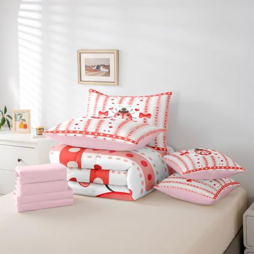 Image of Castle Fairy Cute Ladybug 7 Pcs Full Size Comforter Set Girly Romantic Style Bedding Sets Red Pink Bow Polka Dots Stripes All Season Comforter,Flat Sheet,Fitted Sheet,2 Pillowcases,2 Pillow Covers
