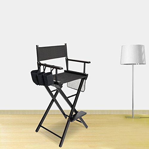 Omysalon Upgraded 31" Height Tall Director Chair Folding Artist Makeup With Replacement Cover Canvas, Storage Side Bags, Portable Footrest, Support 250 Lbs,Solid Hardwood & Polyester Black #TOP4