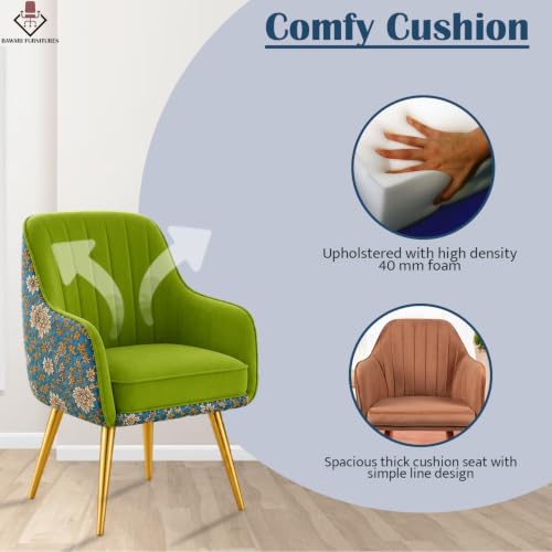 Image of Set of 2 Accent Chair for Living Room | Modern Armchair in Soft Velvet Fabric with Sturdy Legs | Premium Chair for Home Living Room Bedroom Restaurent | (Gold Legs, Parrot Green Floral)