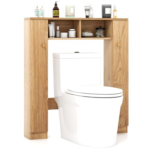 Giantex Over The Toilet Storage Cabinet, Double Door Freestanding Bathroom Organizer w/ 2 Open Compartments & 4 Adjustable Shelves, Bathroom Space Saver, Laundry Room Storage Rack (Natural)
