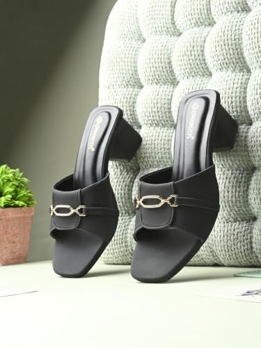 Image of Women's Block Heel Mule Sandals | Stylish Slip-On Heels with Metal Chain Detail | Cushioned Footbed | Square Toe Fashion Slides for Party, Office & Casual Wear