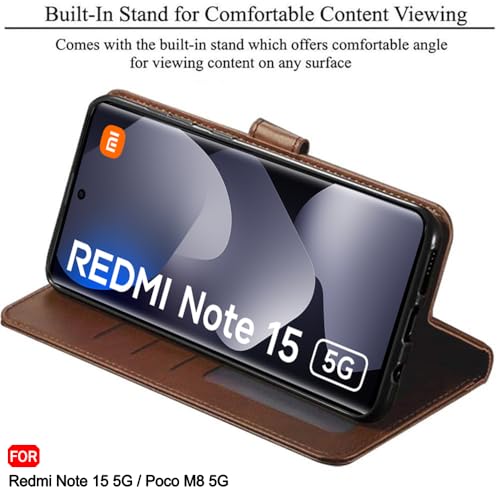 Image of TheGiftKart Flip Back Cover Case for Mi Redmi Note 15 / Note 15 SE /Poco M8 5G | Dual-Color Leather Finish | Inbuilt Stand & Pockets | Wallet Style Flip Back Case Cover (Faux Leather, Brown & Coffee)
