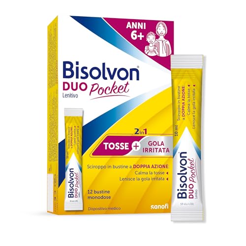 Bisolvon Duo Pocket Sciroppo Tosse, Sciroppo Tosse Secca e Tosse Grassa Adulti e Bambini 6+, Senza Glutine, Senza Lattosio - Calma lo Stimolo a Tossire e dà sollievo alla Gola Irritata (12 Bustine)