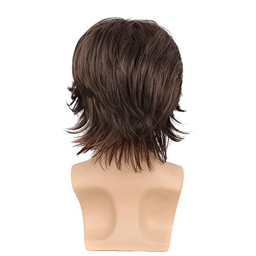 Short Brown Wig For Mens Layered Natural Fluffy Synthetic Hair Wig Heat Resistant Halloween Cosplay With Wig Cap #TOP5