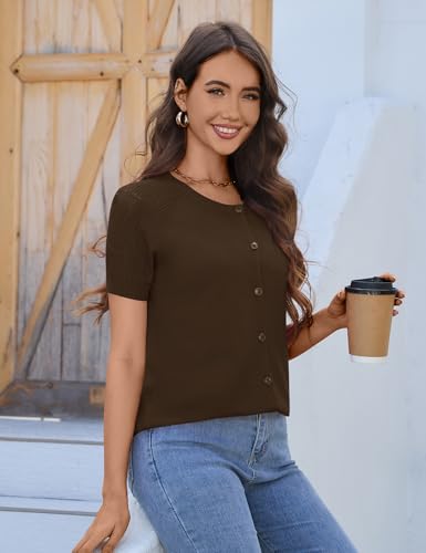 Image of FreshNight Women's 2025 Short Sleeve Cardigan Button Up Hollowed Out Crewneck Shrug Sweaters Knit Sweater Tops Lightweight