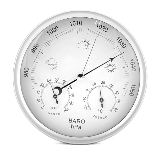 QWORK® 3in1 Wetterstation Analog Ø14 cm, Baro-/Thermo-/Hygrometer mit Edelstahl Gehäuse, Kein Batteriebedarf QWORK® 3in1 Wetterstation Analog Ø14 cm, Baro-/Thermo-/Hygrometer mit Edelstahl Gehäuse, Kein Batteriebedarf