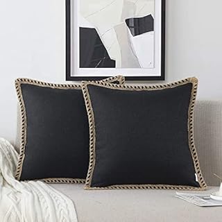 NordECO HOME Pack of 2 Linen Black Cushion Covers 45x45 cm Decorative Farmhouse Burlap Trimmed Edges 18x18 for Sofa Decor