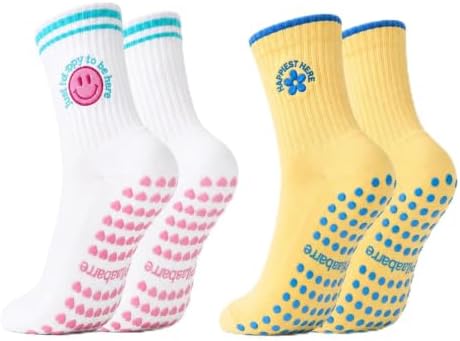 PILA-BARRE Women's Yoga and Pilates Non Slip Grip Crew Socks 2 Pack (Happy Bundle) image 4