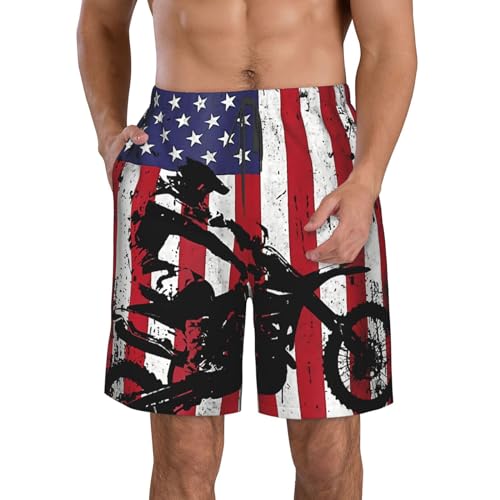 Motocross Dirt Bike American Flag Men'S Swim Shorts Beach Trunks Quick Dry Hawaiian Swimming Shorts with Pockets