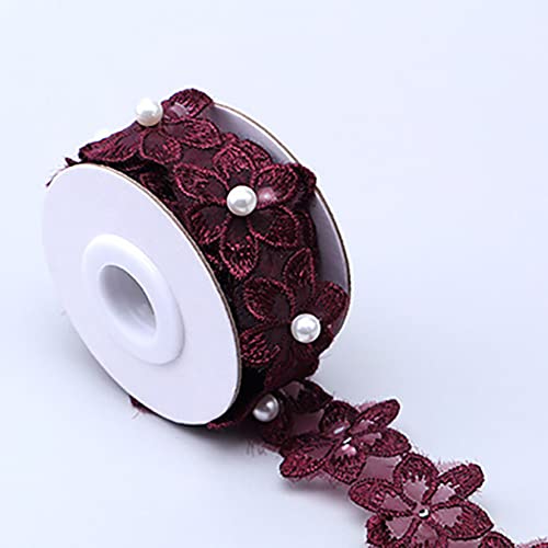 Spitzenband, dekoratives Spitzenband, 4,5 m, 3D-Organza-Blume, Spitzenbesatz, Perlenapplikation, Bastelband, bestickter Stoff, Nähen, Kleidung, Dekoration (Farbe: Rot) (Farbe: Weinrot)