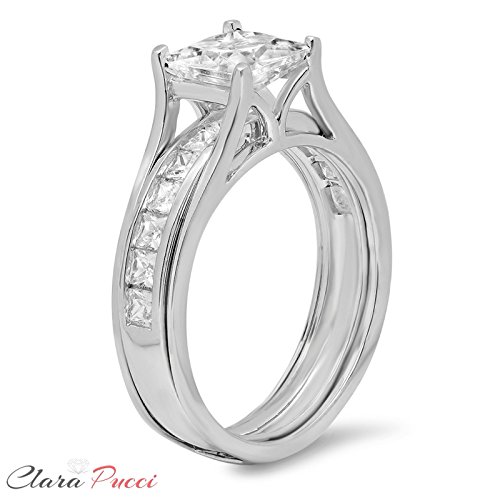 3.40Ct Princess Cut Pave Solitaire Accent Lab Created White Sapphire & Simulated Diamond Engagement Promise Statement Anniversary Bridal Wedding Ring Band Set Sliding Real 14K White Gold Size 9 #TOP1