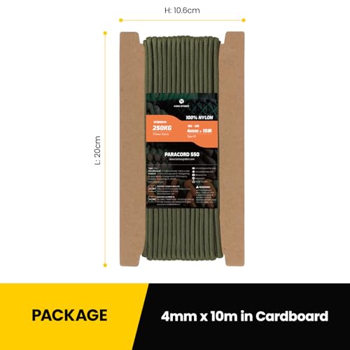 Kamu Synber 550 Paracord 4mm 10m Typ III Schnur 7 Stränge Nylon Seil Fallschirmschnur für Basteln, Outdoor, Camping, Survival | Tragkraft 250kg | Armeegrün