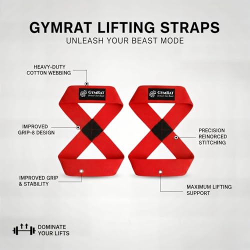 Image of GYMRAT Figure 8 Lifting Straps For Deadlift, Powerlifting, Strongman, & Cross Training Strong Weightlifting Wrist Straps For Men, Women (RED, FIGURE 8 LIFTING STRAPS)