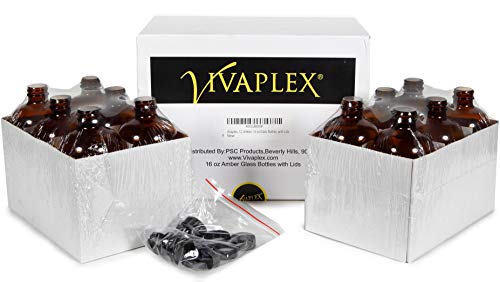 Vivaplex, 12, Amber, 16 Oz Glass Bottles, With Lids #TOP2