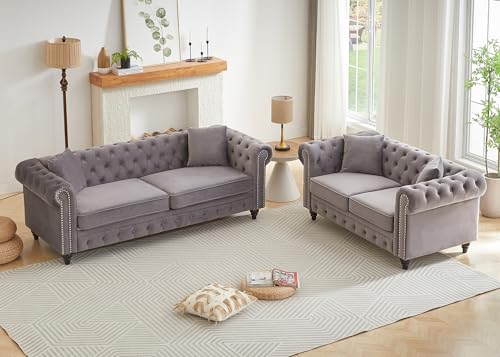 Image of 2 Piece Living Room Sofa Set, Velvet Button Tufted Couch and Loveseat Set with Nailhead Trim&Roll Armrests, Mid Century Modern Chesterfield Sofa for Living Room, Office(Loveseat+3 Seater, Light Grey)