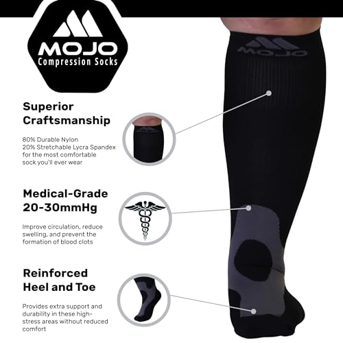 (3 Pairs) Mojo Compression Socks for Women and Men 20-30mmHg - Plus Size Graduated Knee High Compression Stockings for Diabetics, Swelling, Edema, Pregnancy - Black, 2X-Large - A601