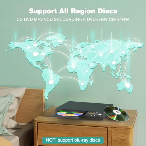 DVD Player, HDMI Region Free DVD Players for Smart TV, 1080P Upscaling, USB Input, HDMI/RCA Output Cable Included, Breakpoint Memory, Built-in PAL/NTSC, CD Players for Home - Thumbnail 4
